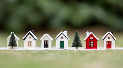 Decorative miniature houses and trees on soft grass create a charming scene, perfect for holiday themes, festive marketing, or home decoration ideas, conveying warmth and cheer,