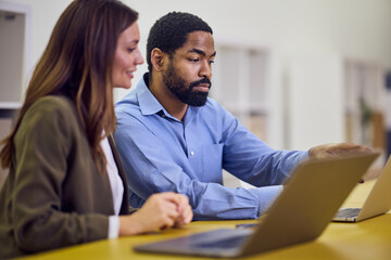 Two Professionals Collaborating on a Project Using Laptops in a Modern Workspace