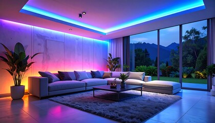 A modern living room, bathed in vibrant, colorful LED lighting, showcases a serene, evening view.