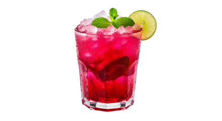 Refreshing pink berry cocktail adorned with mint and lime on a white background