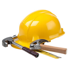Yellow safety helmet and tools on black background
