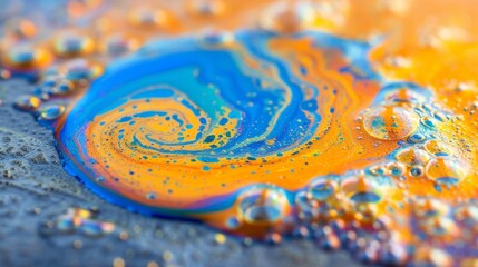 Obraz premium Macro photography of vibrant liquid swirls with soap bubble reflections and iridescent colors