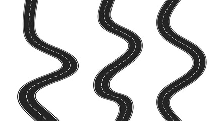 Fototapeta premium Abstract winding roads in a row with white dashed lines on black surface
