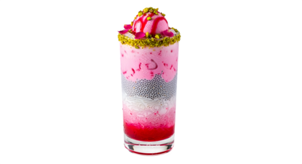 A vibrant pink layered dessert drink with a scoop of ice cream and pistachio topping.