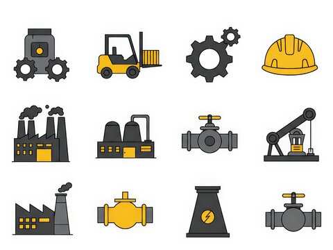 A collection of 12 flat-design icons representing industrial, manufacturing, and energy-related themes, including factories, machinery, safety gear, and infrastructure elements.