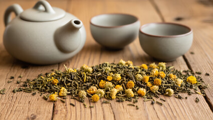 Loose dried chamomile and green tea blend on wooden table with ceramic teapot and cups, cozy herbal tea setup