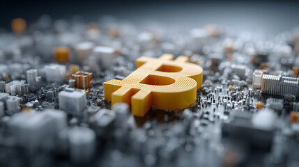 Bitcoin Symbol in Gold Color Surrounded by Abstract Technology Elements AI Generated