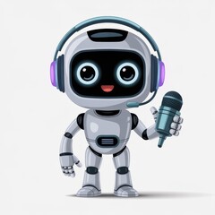 Naklejka premium Cute robot with microphone and headset ai assistant podcasting technology automation future voice assistant