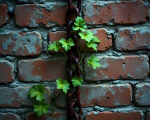 A fresh green vine grows around a rusty, old chain against a weathered brick wall. A concept of nature's resilience and reclaiming spaces