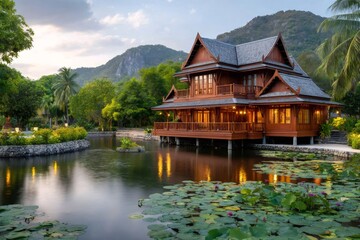 Fototapeta premium Luxurious wooden villa reflecting on a tranquil pond in thailand at sunset