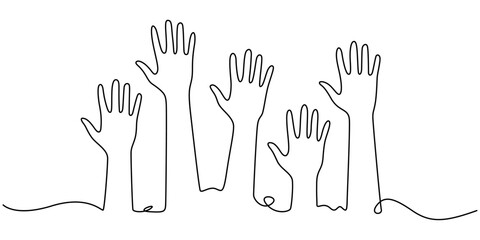 continuous single line drawing of a group of hands raised up. The concept of voting, elections, Hands up, raised up volunteering, audiences and teamwork continuous one line drawing. Graphic vector.