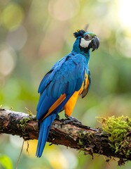 Obraz premium A vibrant blue and yellow macaw perched on a branch, showcasing its striking plumage against a blurred natural backdrop.