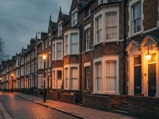 A charming row of traditional brick terraced houses with bay windows and glowing lamps line a wet cobblestone street at dusk, creating a warm urban scene.