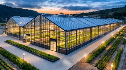 Obraz premium Illuminated greenhouses growing crops at dusk, cultivating sustainable agriculture