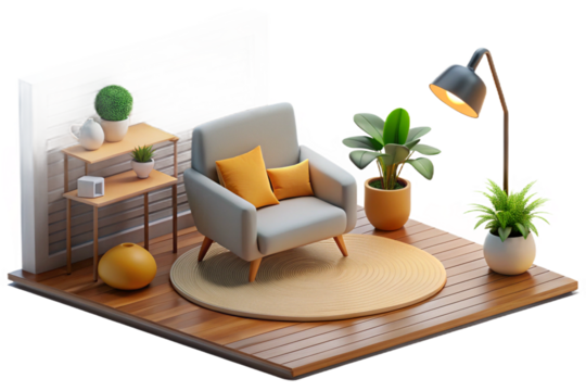 The image shows a bright and clean living room with a minimalist design- 3D rendering