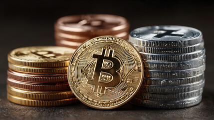 Stacks of Bitcoin Litecoin and other crypto coins to illustrate finance AI Generated