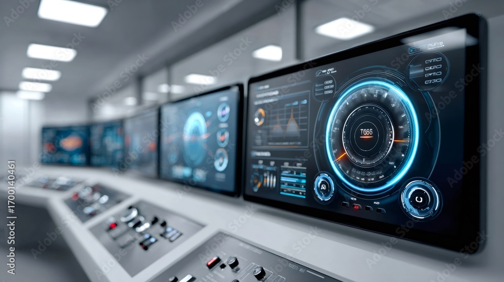 Aufkleber modern control room monitoring showing futuristic interface with digital gauges and charts