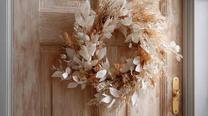 Obraz premium Elegant dried floral wreath adorns wooden door for a warm welcome