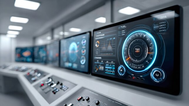 Modern control room monitoring showing futuristic interface with digital gauges and charts