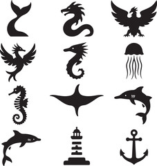 Mythical And Marine Creature Silhouettes Including Dragon And Seahorse Keywords: sea, ocean, marine