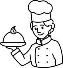 minimalist outline of a chef serving food.