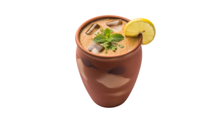 Refreshing iced beverage in a traditional clay pot, garnished with mint and lemon.