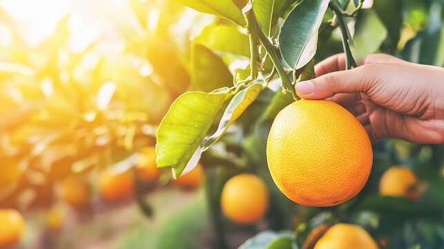 Hand picking a ripe orange from a tree in a sunlit orchard, showcasing the vibrant color and freshness of the fruit, ideal for fresh produce marketing, health blogs, or agricultural content,