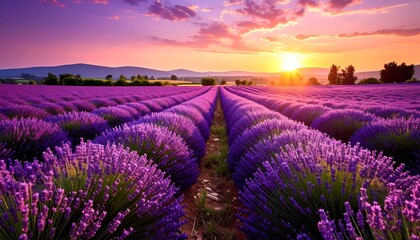 A vast expanse of vibrant purple lavender fields stretches out under a breathtaking sunset.