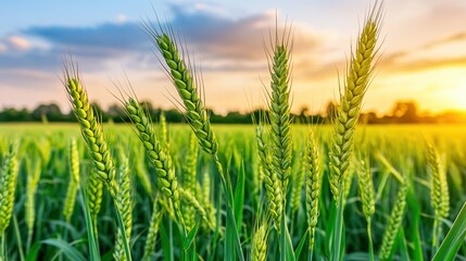 Obraz premium A vibrant field of green wheat stretches towards a colorful sunset, symbolizing growth and abundance, Ideal for agricultural, environmental