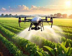 Modern agriculture drone spraying green crops in a vast field at sunset, representing smart farming innovation