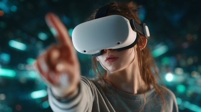 Woman using VR headset experiencing virtual reality technology AI Generated