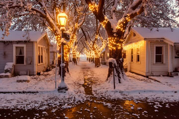 A quiet winter neighborhood with glowing string lights, snow-covered trees arching over a cleared path, and cozy homes.
