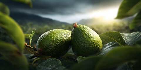 Two ripe avocados on tree branch with dark background - AI generated