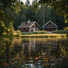 Two rustic cabins nestled beside a serene lake in autumn