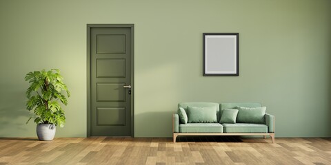 Sage green door in a sage green wall and green plants, minimalist sofa on parquet floor. Empty frame mockup.