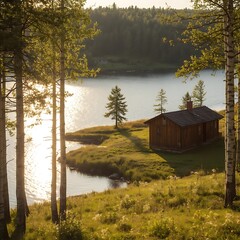 Obraz premium Cozy cabin nestled by a serene lake amidst tall pines