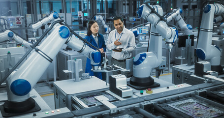Young Indian Engineer and Asian Technician Having a Conversation and Using a Tablet Computer. Specialists Monitoring, Analyzing Conditions at a Modern Electronics Factory with Automated Assembly Line