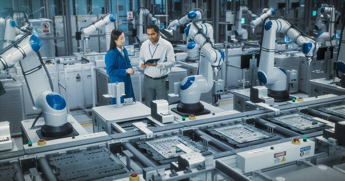 Two Diverse Engineers Talking on a Factory Floor, Using Tablet Computer at an Electronics Manufacturing Plant. Female and Male Specialists Chatting, Monitoring Robots on a Modern Assembly Line