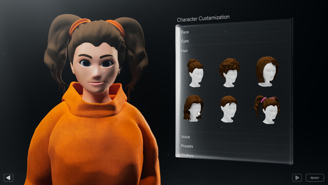 Video Game Interface Showing a Player Customizing a Female Avatar. User Selects Different Hair Style, Color and Accessories in a Character Builder Menu
