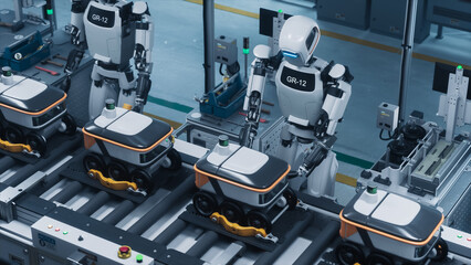 Humanoid Robots Building Advanced Delivery Bots on Six Wheels on a Technological Assembly Line. Autonomous Smart Factory Powered by Artificial Intelligence Software and Innovative Production Solutions