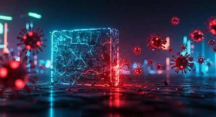 A glowing technological cube at the center of a futuristic neon cityscape is surrounded by menacing red virus particles, representing a digital pandemic