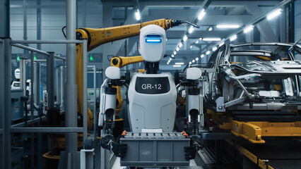 Humanoid Robot Carries a Plastic Crate Filled with EV Battery Packs Through an Advanced Automotive Manufacturing Facility. Compact Electric Vehicles are Assembled with Robotic Arms in the Background