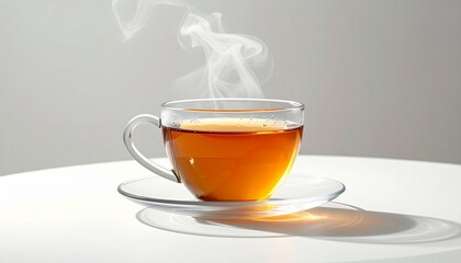 A steaming hot cup of amber-colored tea gracefully sits on a saucer, radiating warmth and tranquility in a minimalist setting