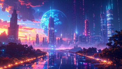 A futuristic cityscape reflected in a tranquil river, bathed in vibrant neon lights, under a celestial sphere.
