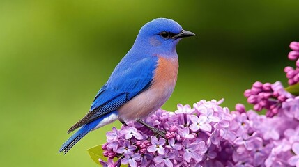 Obraz premium A vibrant bluebird perched on delicate lilac blossoms against a soft green background, ideal for nature-themed projects, spring collections, or wildlife conservation campaigns,