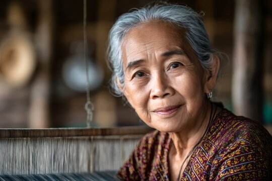 Senior asian woman weaving traditional textiles on a hand loom