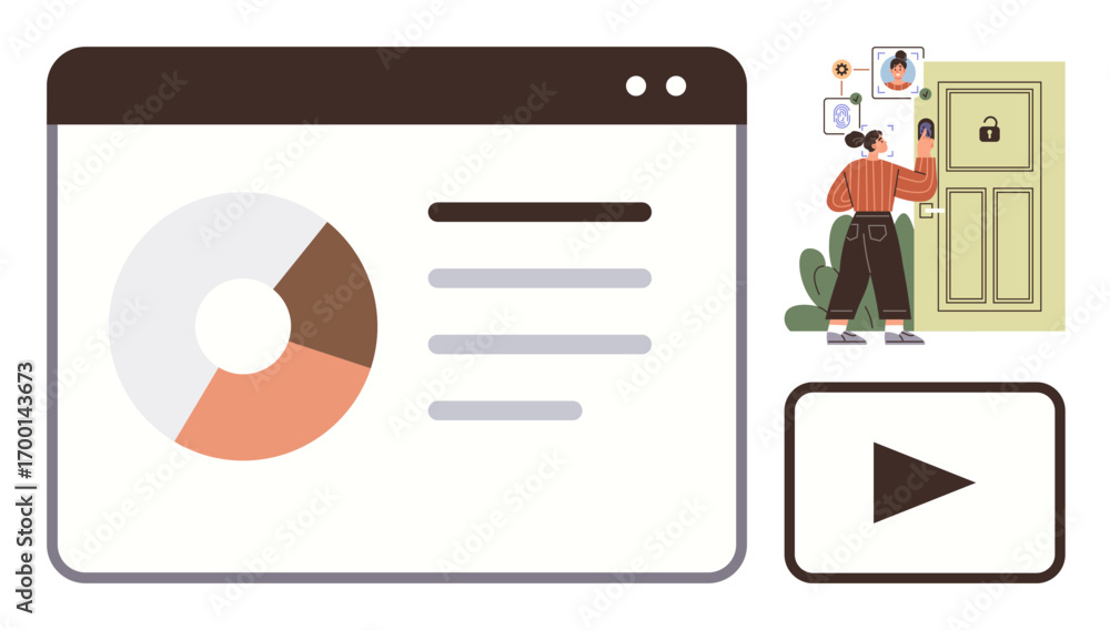 Poster pie chart with data, user unlocking secure door with digital input, and play button. ideal for analy