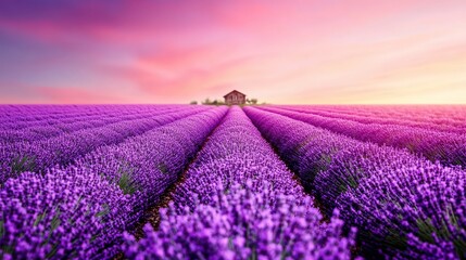 Fototapeta premium A vibrant lavender field stretches to the horizon under a pastel sunset, featuring rows of blooming flowers leading to a rustic house, Ideal for wellness, gardening, or travel-related projects,