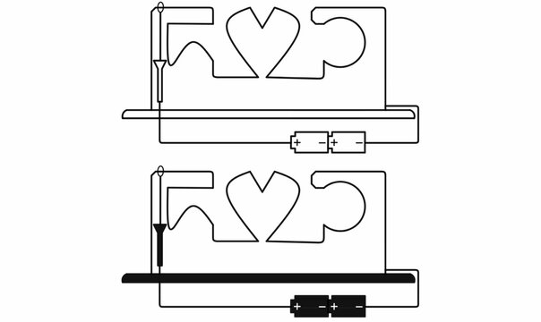 Vector illustration of buzz wire game, also called wire loop game, with battery, handle, and bent wire path in heart shape, educational toy for physics, skill and fun.