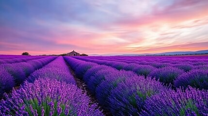 Obraz premium A vibrant lavender field stretches under a colorful sky, featuring rows of blooming flowers leading to a quaint rustic house, This picturesque scene can be used for wellness, nature, or travel themes